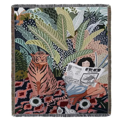 Bohemian floral celestial woven throw blanket living room fringed tapestry