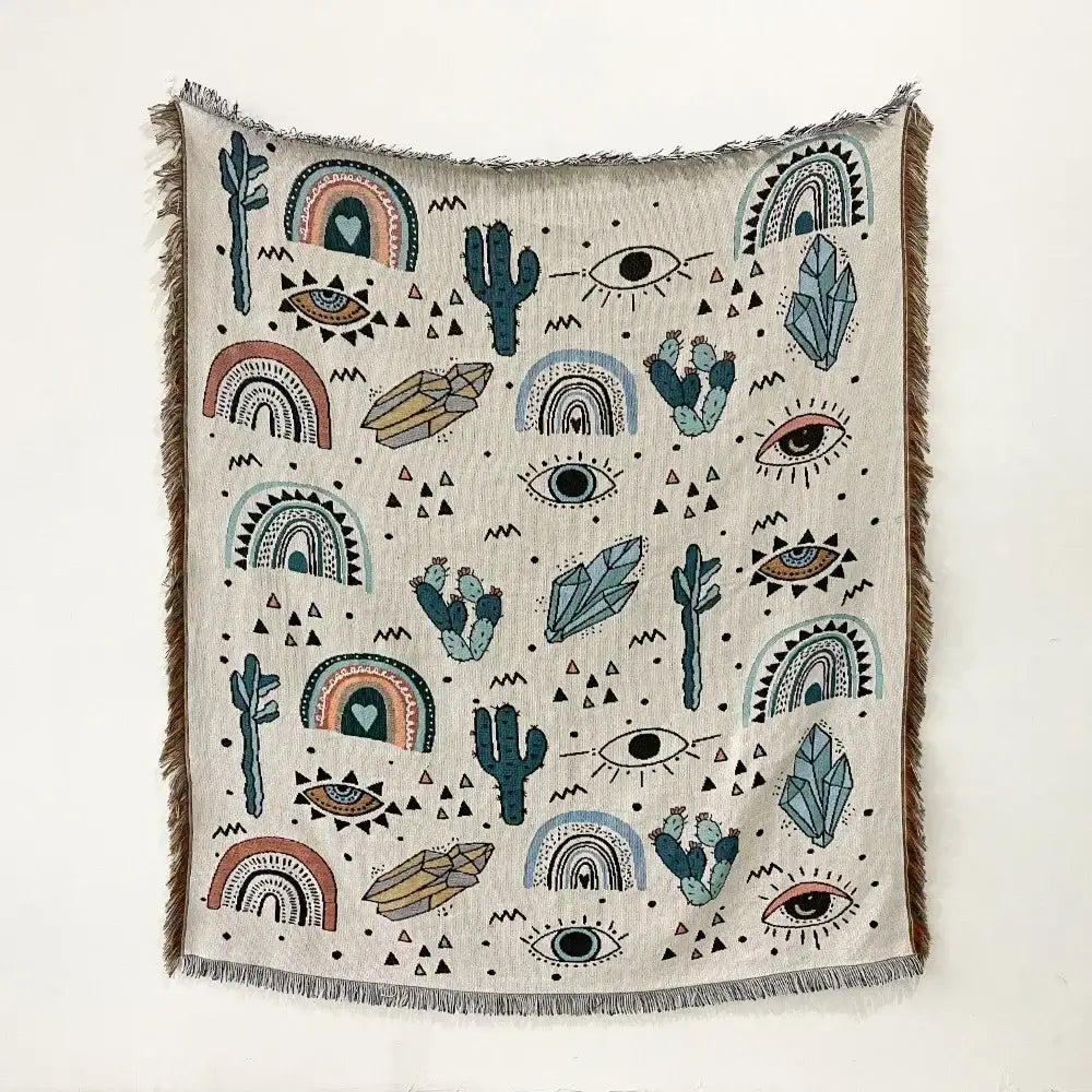Bohemian floral celestial woven throw blanket living room fringed tapestry