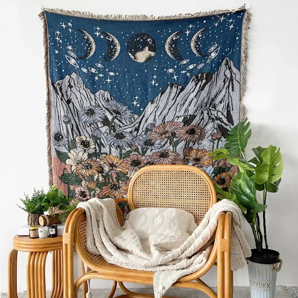 Bohemian floral celestial woven throw blanket living room fringed tapestry