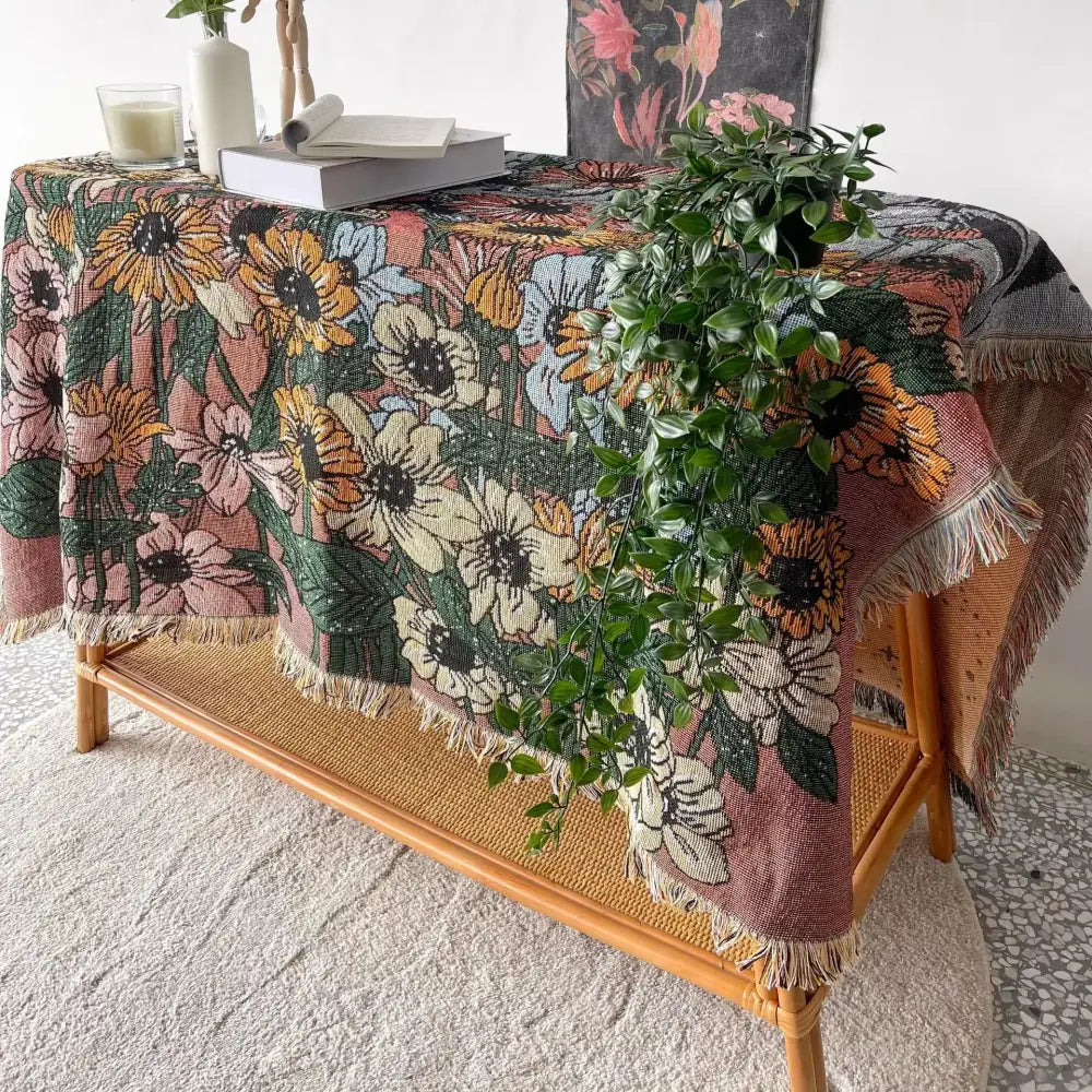 Bohemian floral celestial woven throw blanket living room fringed tapestry