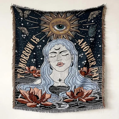 Bohemian floral celestial woven throw blanket living room fringed tapestry