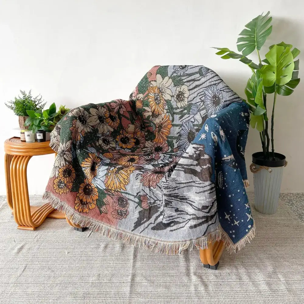 Bohemian floral celestial woven throw blanket living room fringed tapestry