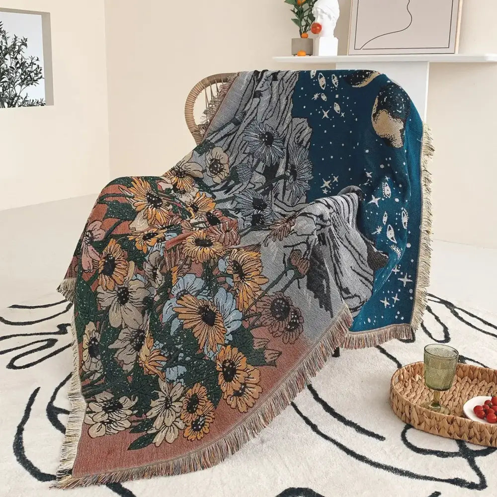 Bohemian floral celestial woven throw blanket living room fringed tapestry