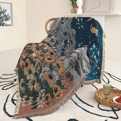 Bohemian floral celestial woven throw blanket living room fringed tapestry