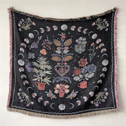 Bohemian floral celestial woven throw blanket living room fringed tapestry