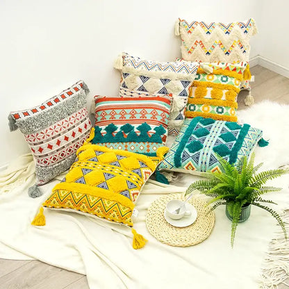 Bohemian floral throw pillow cover with tassels for living room
