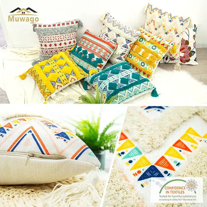 Bohemian floral throw pillow cover with tassels for living room