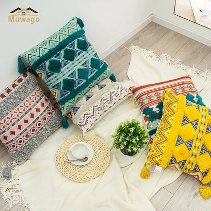 Bohemian floral throw pillow cover with tassels for living room