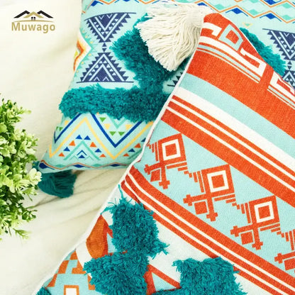 Bohemian floral throw pillow cover with tassels for living room