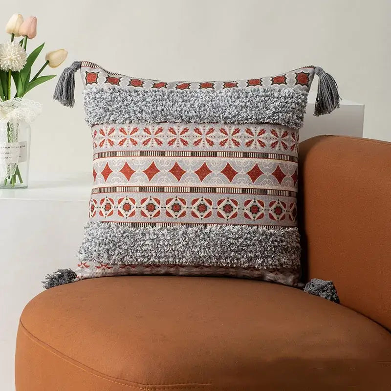 Bohemian floral throw pillow cover with tassels for living room
