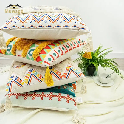 Bohemian floral throw pillow cover with tassels for living room