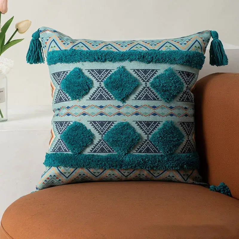 Bohemian floral throw pillow cover with tassels for living room