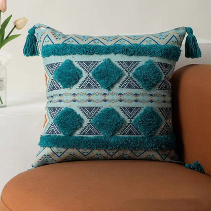 Bohemian floral throw pillow cover with tassels for living room