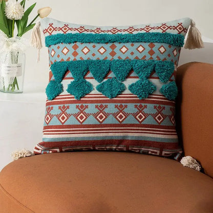 Bohemian floral throw pillow cover with tassels for living room