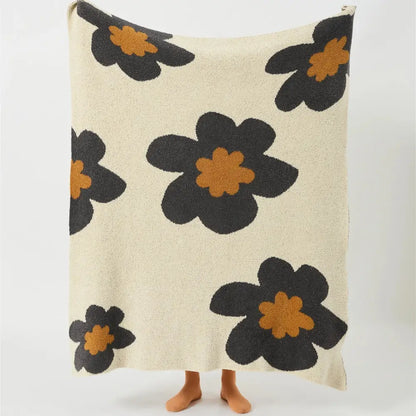 Bohemian flower knitted throw blanket cream floral bedroom decor