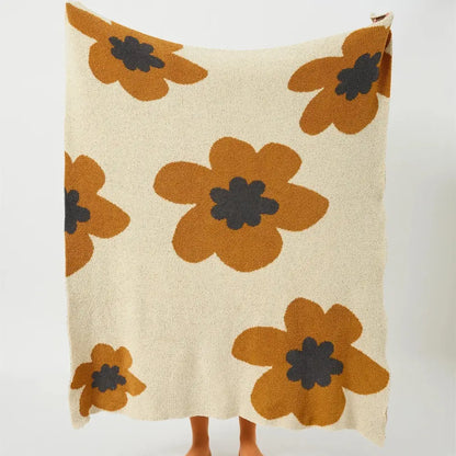Bohemian flower knitted throw blanket cream floral bedroom decor