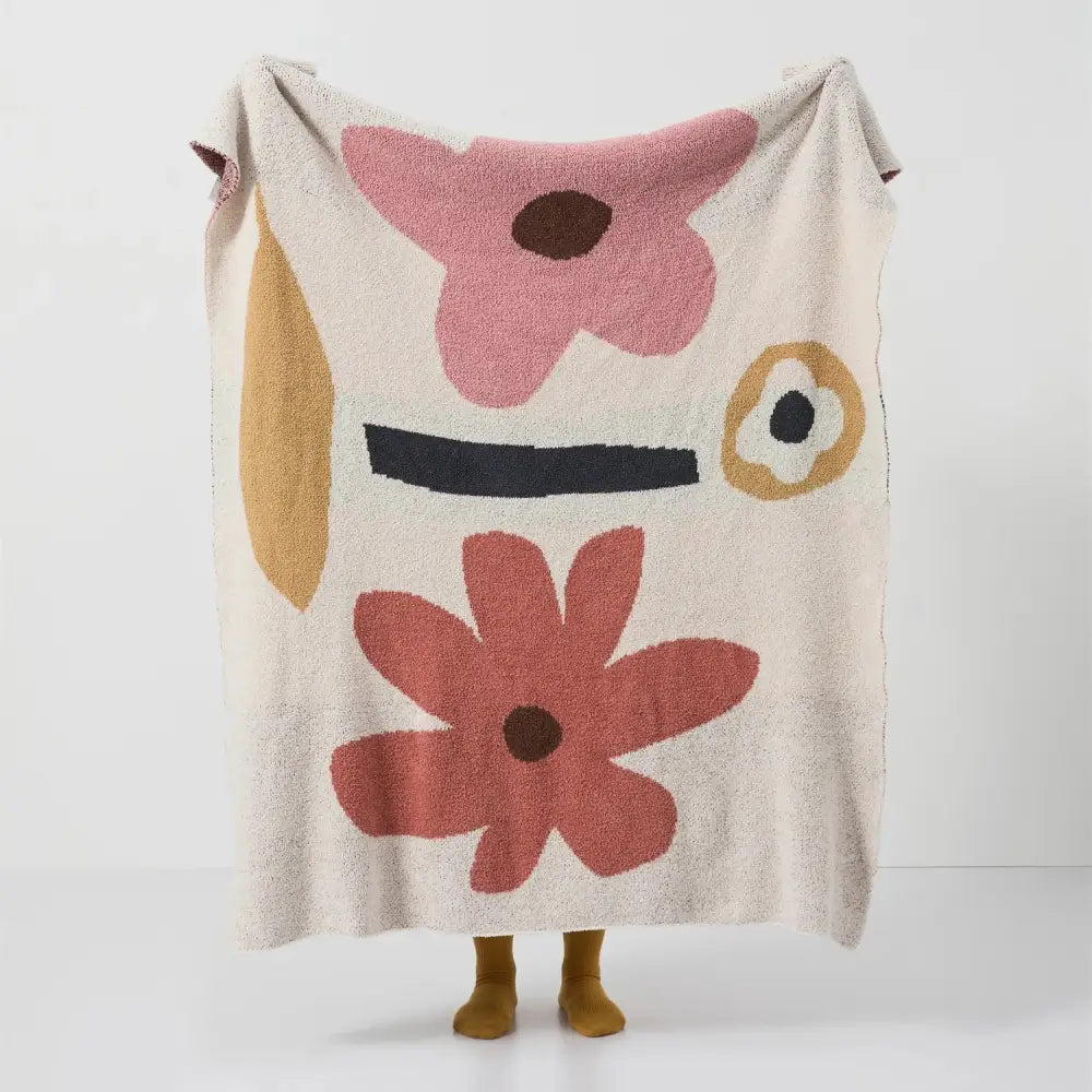 Bohemian flower knitted throw blanket cream floral bedroom decor