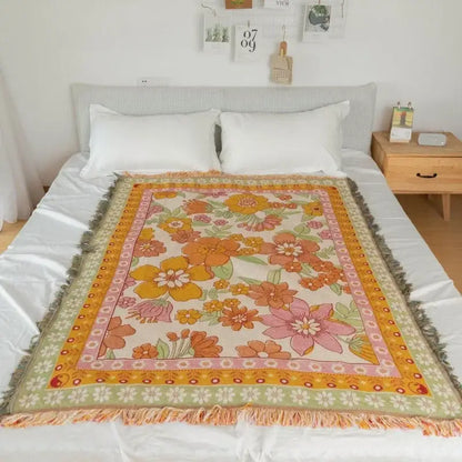 Bohemian flowers woven sofa blanket living room fringed throw