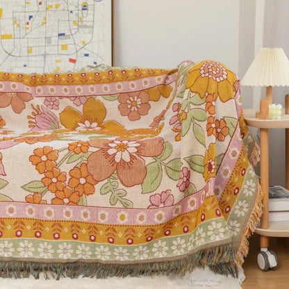 Bohemian flowers woven sofa blanket living room fringed throw