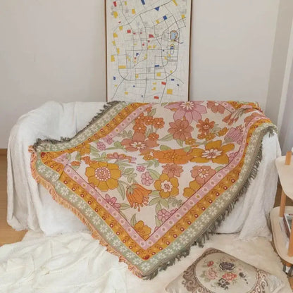 Bohemian flowers woven sofa blanket living room fringed throw