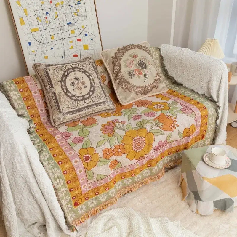 Bohemian flowers woven sofa blanket living room fringed throw