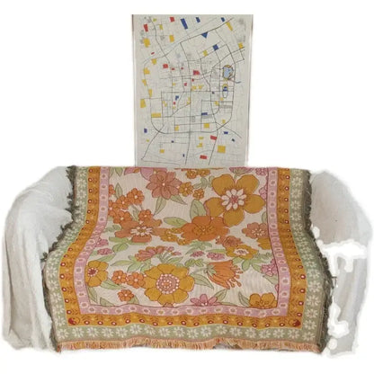 Bohemian flowers woven sofa blanket living room fringed throw