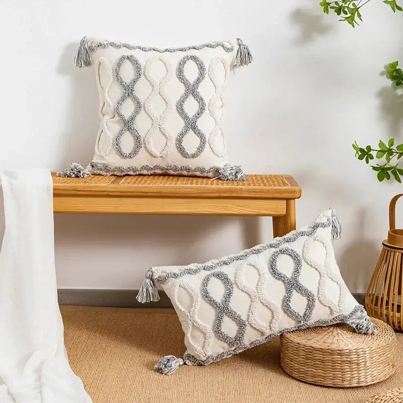 Bohemian geometric tufted cushion cover cream & grey living room