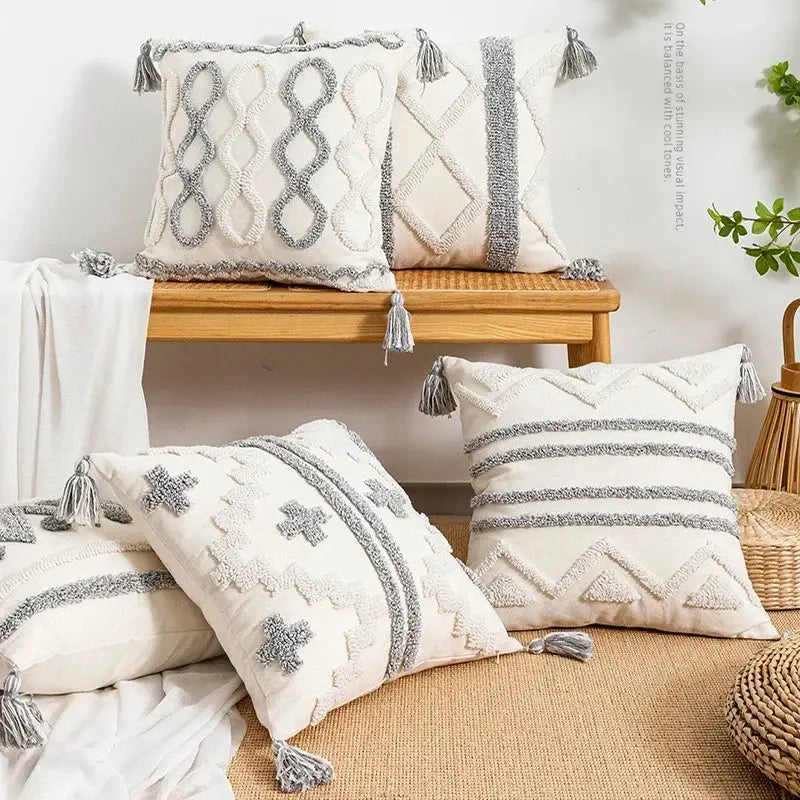 Bohemian geometric tufted cushion cover cream & grey living room