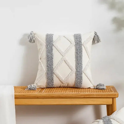 Bohemian geometric tufted cushion cover cream & grey living room