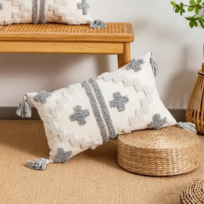 Bohemian geometric tufted cushion cover cream & grey living room