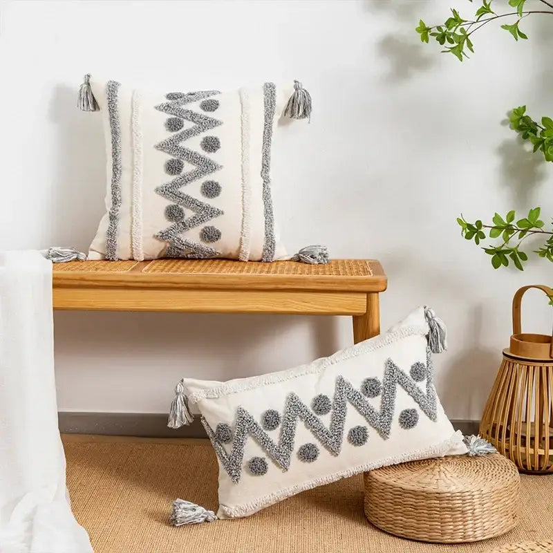 Bohemian geometric tufted cushion cover cream & grey living room