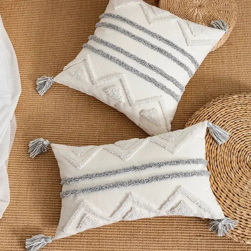Bohemian geometric tufted cushion cover cream & grey living room