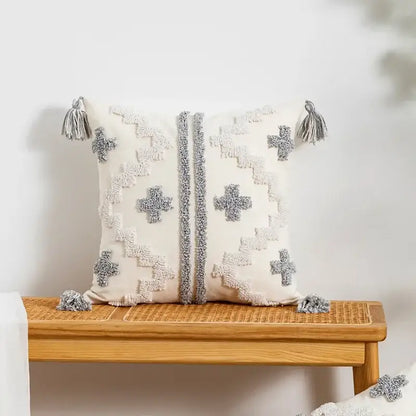 Bohemian geometric tufted cushion cover cream & grey living room
