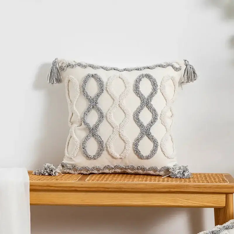 Bohemian geometric tufted cushion cover cream & grey living room