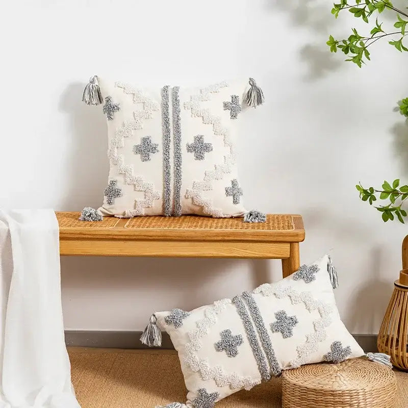 Bohemian geometric tufted cushion cover cream & grey living room
