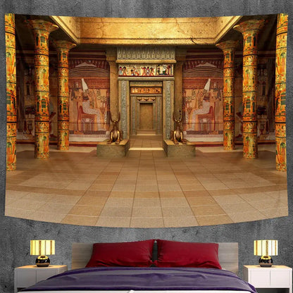 Bohemian gold & red egyptian mural tapestry bedroom yoga mat