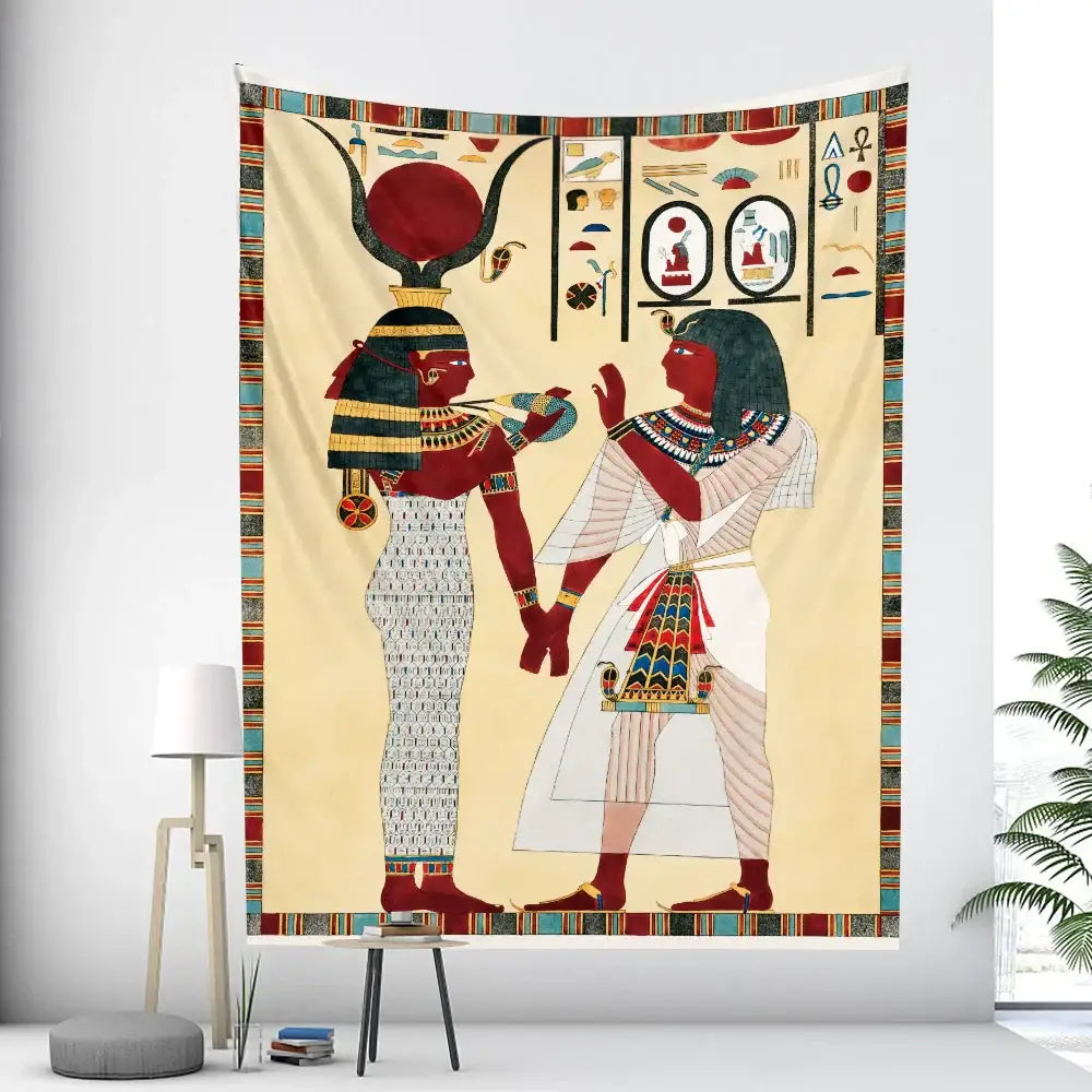 Bohemian gold & red egyptian mural tapestry bedroom yoga mat