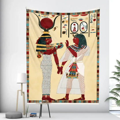 Bohemian gold & red egyptian mural tapestry bedroom yoga mat