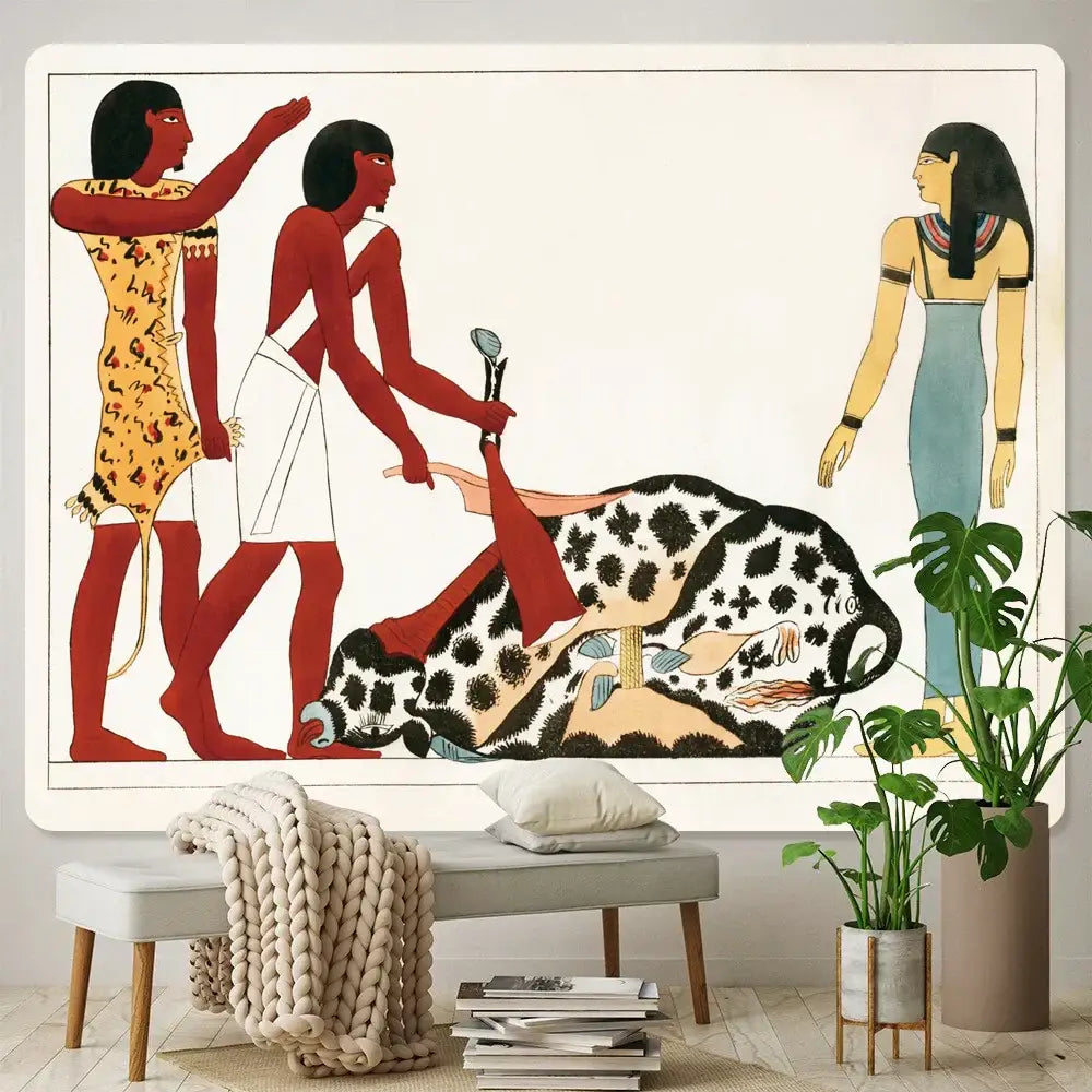 Bohemian gold & red egyptian mural tapestry bedroom yoga mat