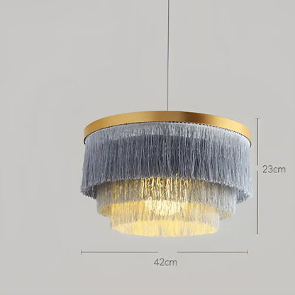 Bohemian gold tiered chandelier gray & golden fringe bedroom light