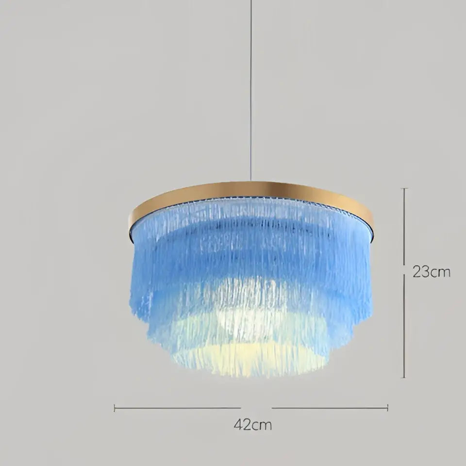 Bohemian gold tiered chandelier gray & golden fringe bedroom light