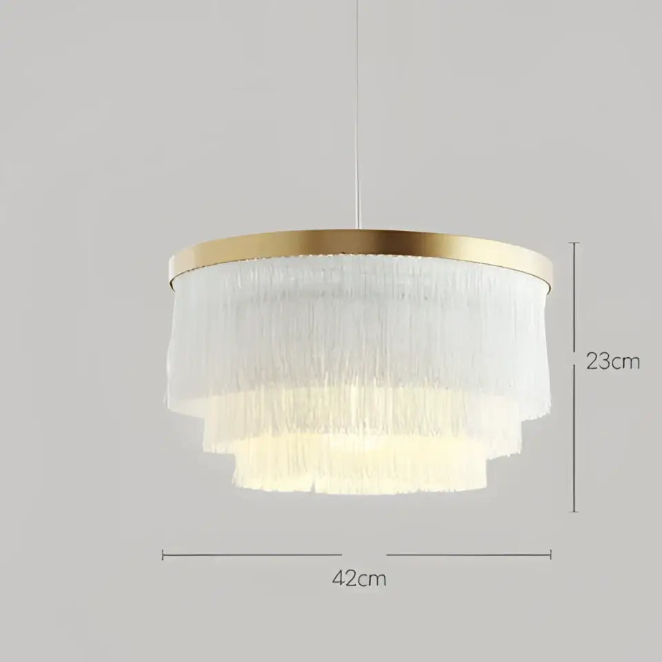 Bohemian gold tiered chandelier gray & golden fringe bedroom light
