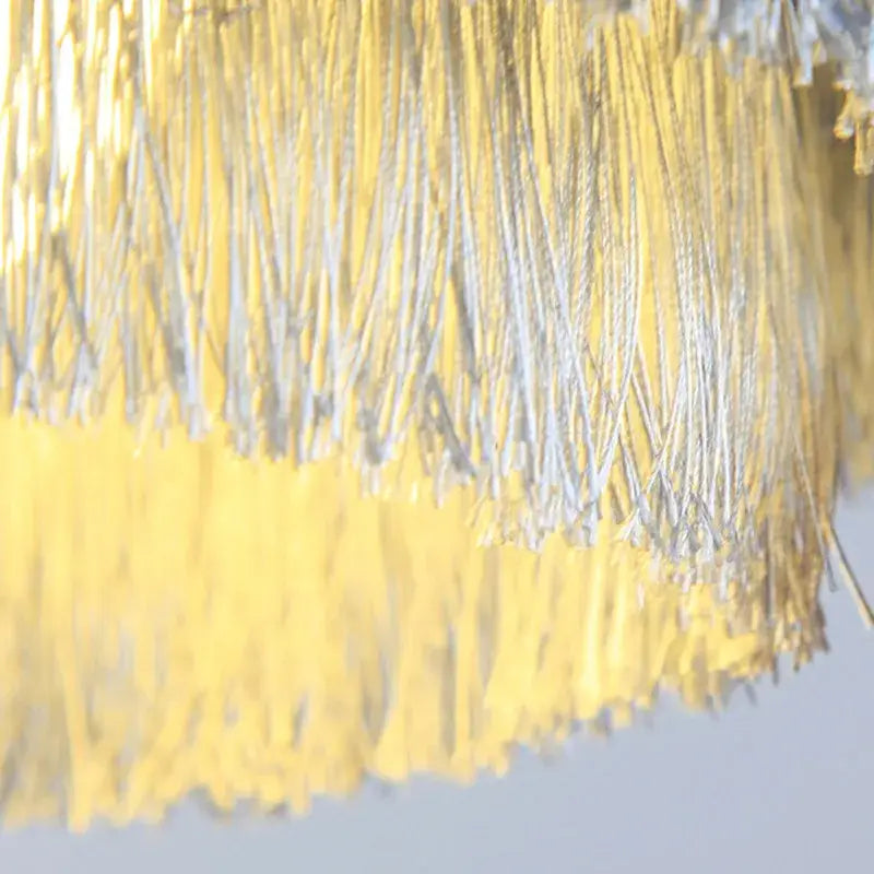Bohemian gold tiered chandelier gray & golden fringe bedroom light
