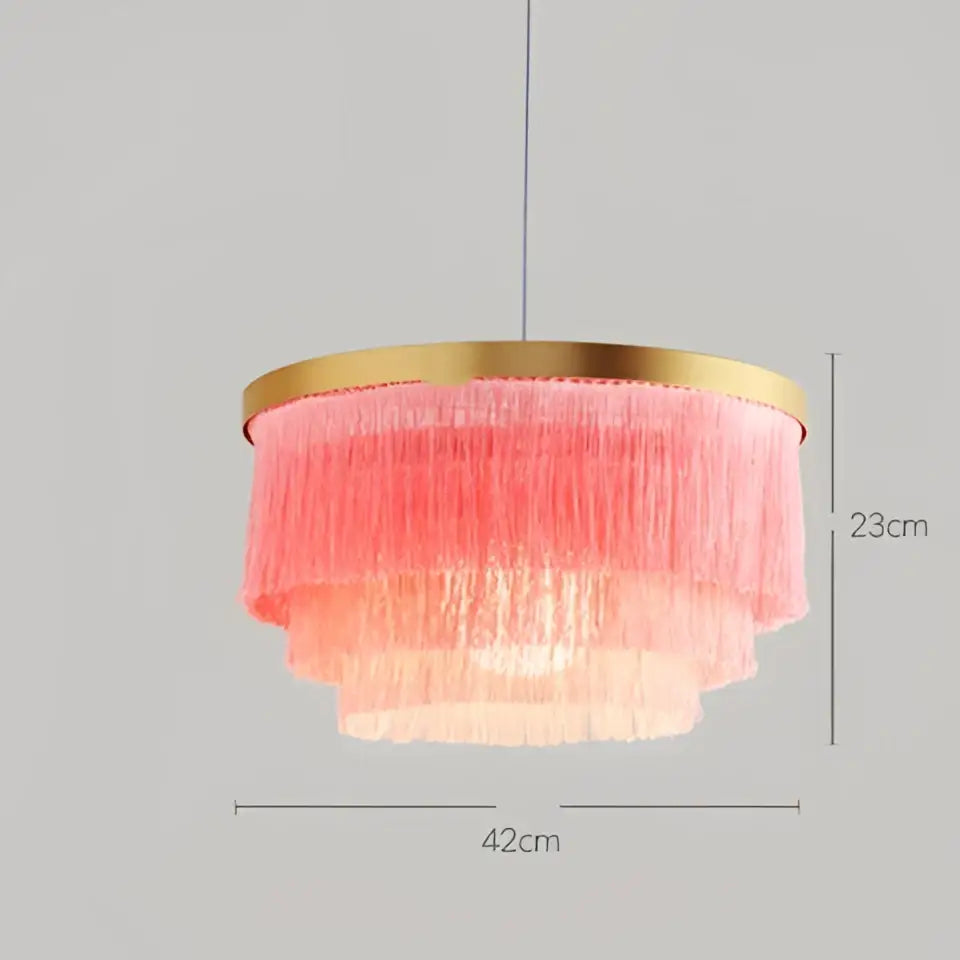 Bohemian gold tiered chandelier gray & golden fringe bedroom light