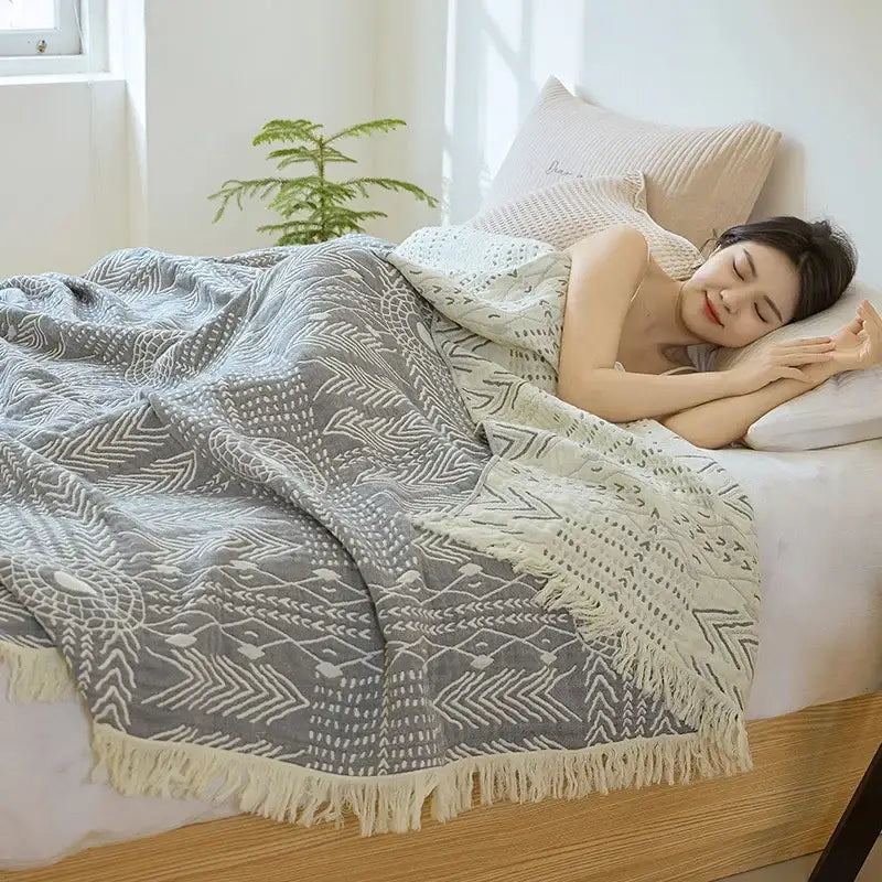 Bohemian gray & white cotton throw blanket bedroom gauze bedspread