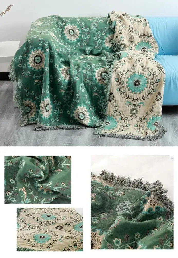 Bohemian green floral cotton throw blanket living room bed cover
