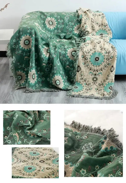 Bohemian green floral cotton throw blanket living room bed cover