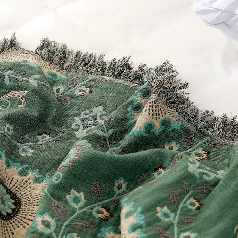 Bohemian green floral cotton throw blanket living room bed cover