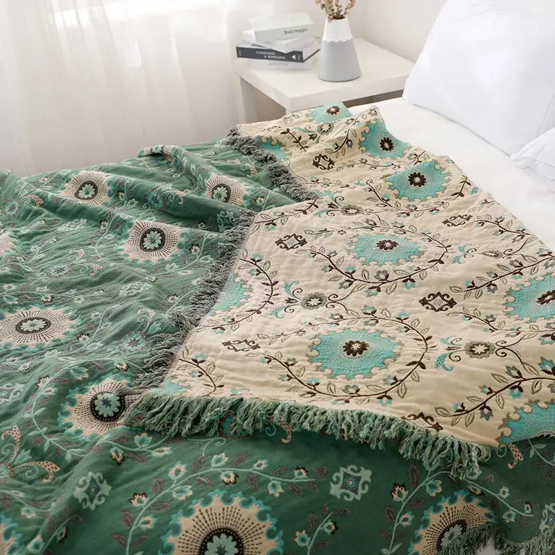 Bohemian green floral cotton throw blanket living room bed cover
