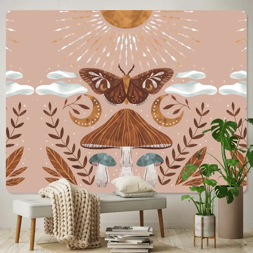 Bohemian home art tapestry pink moth and mushroom bedroom blanket